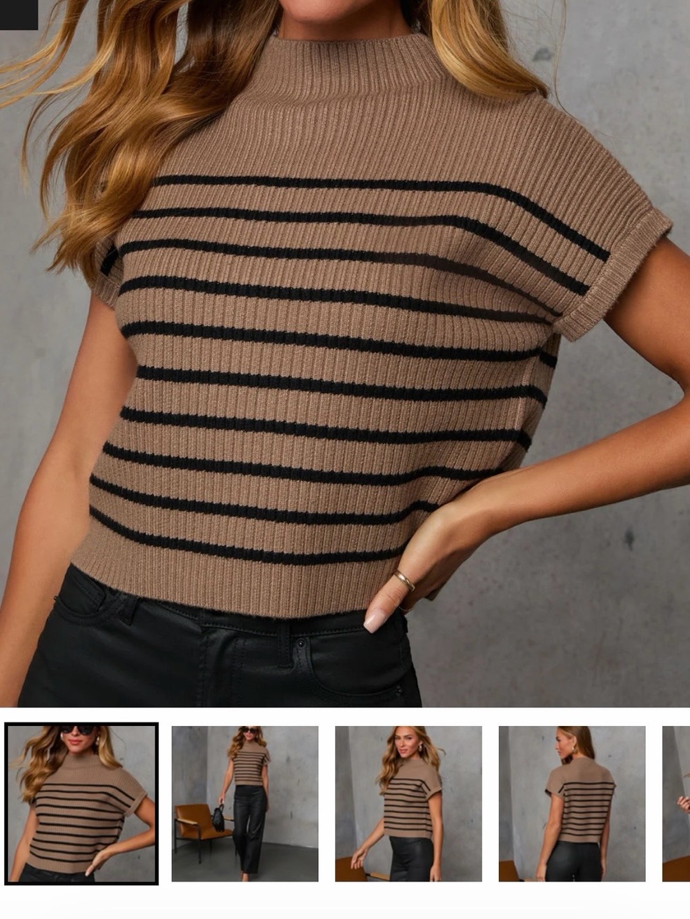VICI Striped Ribbed Short-Sleeve Sweater - Taupe/Black